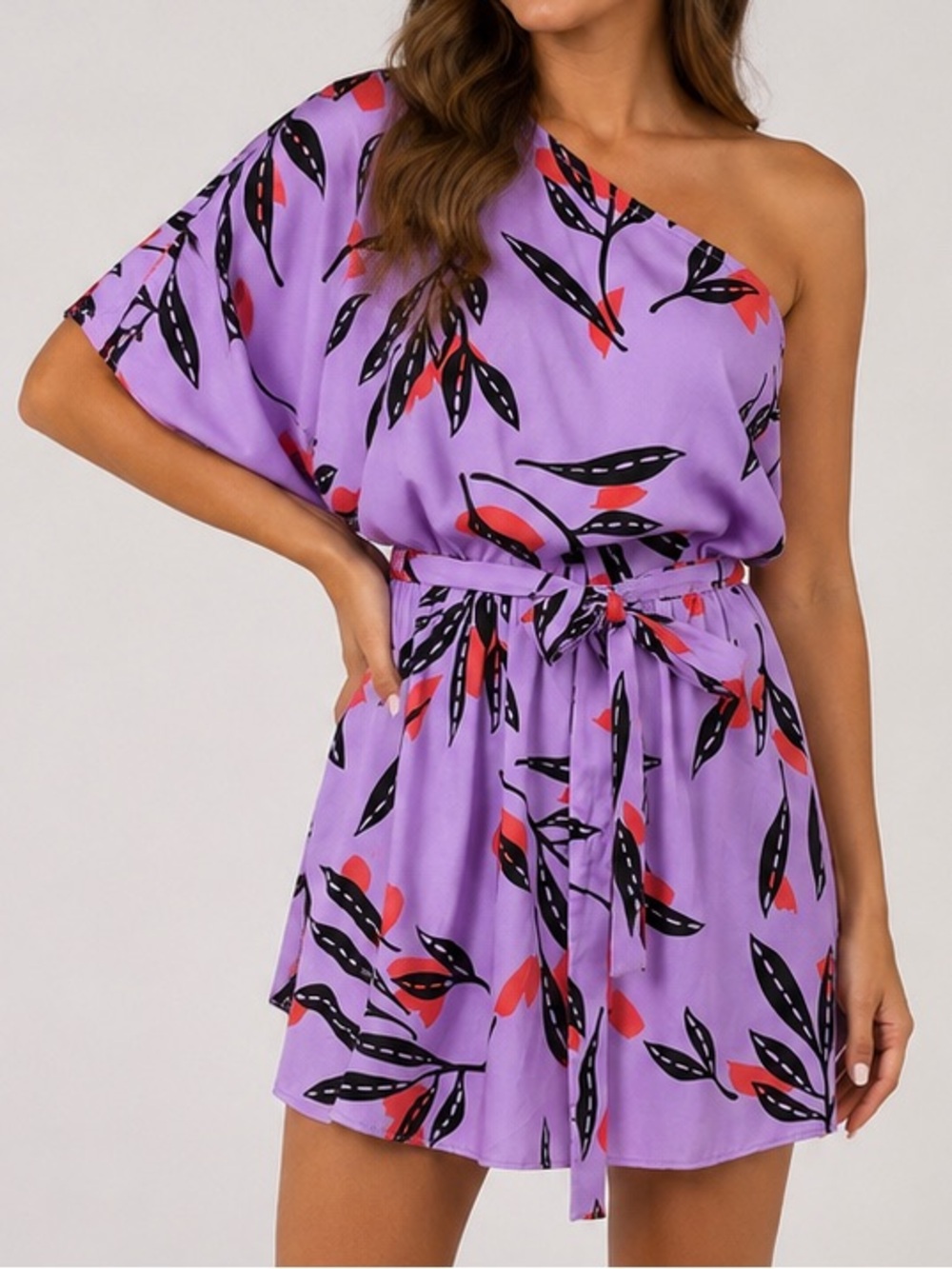 Tyche Lilac One-Shoulder Floral Mini Dress with Red & Black Accents
